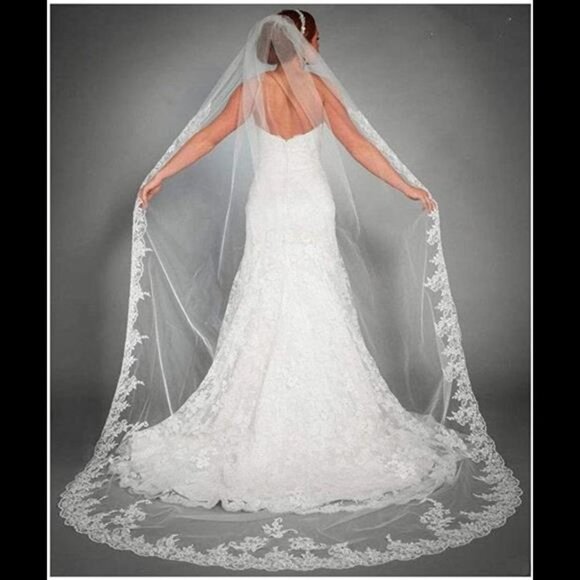 Women's Applique Bride Wedding Veil Long Chapel Length 1 Tier Bridal Veil Hair - Picture 2 of 7
